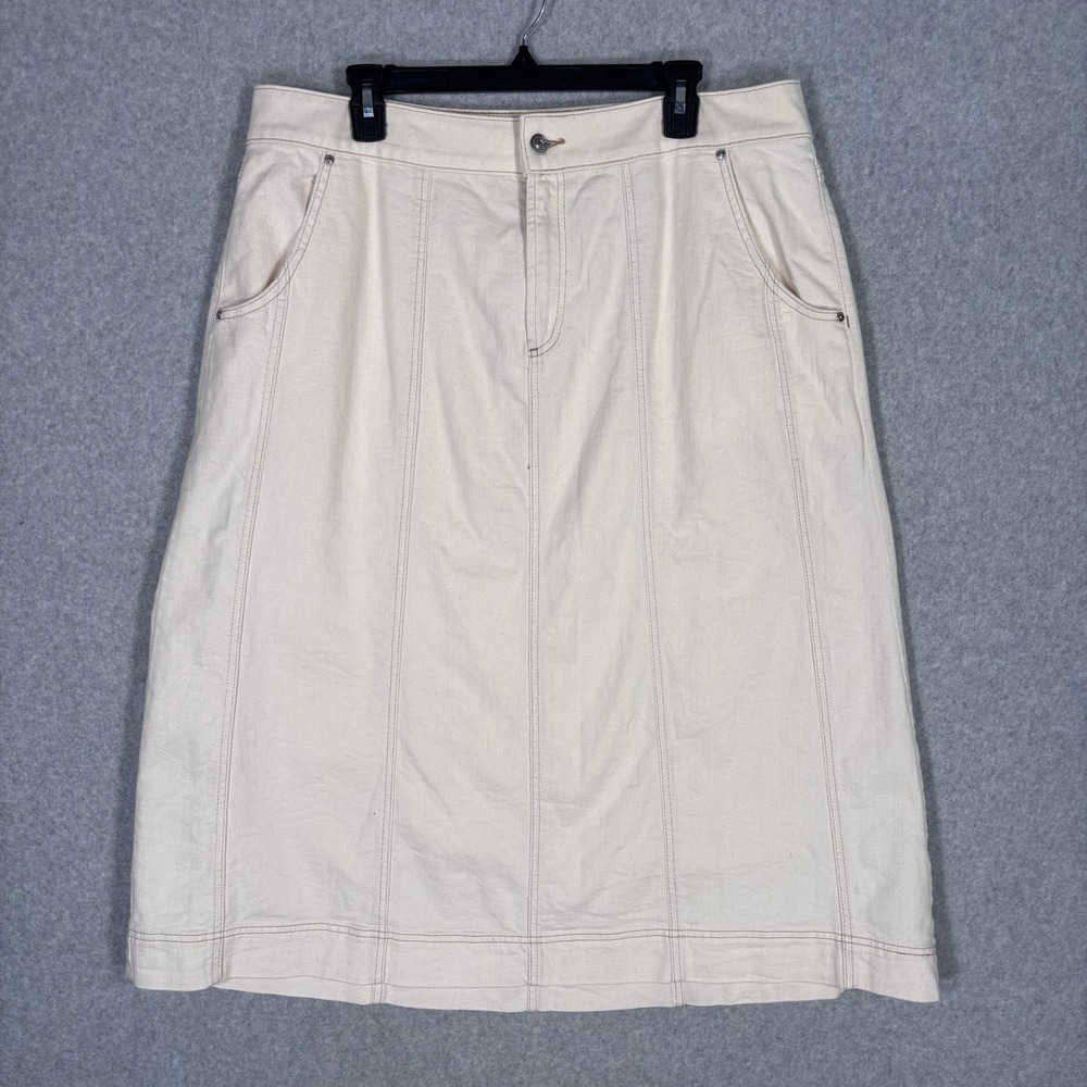 Chicos Midi Jean Skirt‎ Large 12 Cream Denim 6 Paneled Western Cottage Country